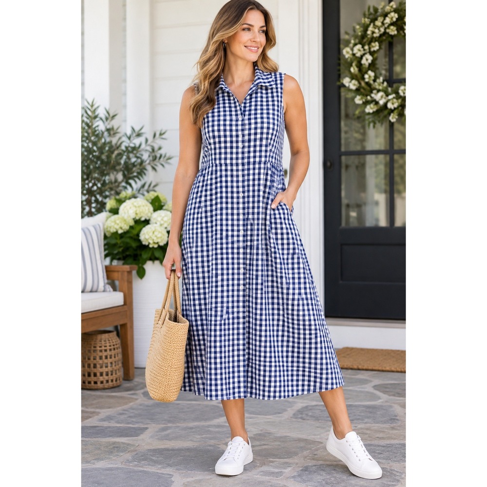 Chloe + Rene XL Blue White Gingham Midi Shirt Dress Sleeveless Button Front